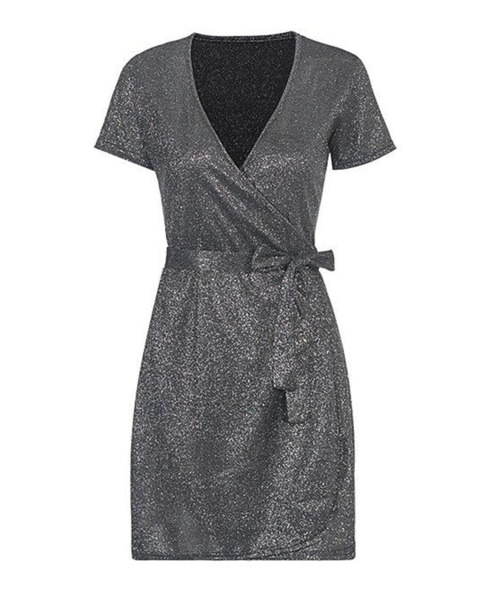 Black Shimmer Tie-Waist Wrap Dress