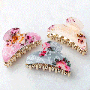 Light Gray & Pink Floral Hair Clamp Set