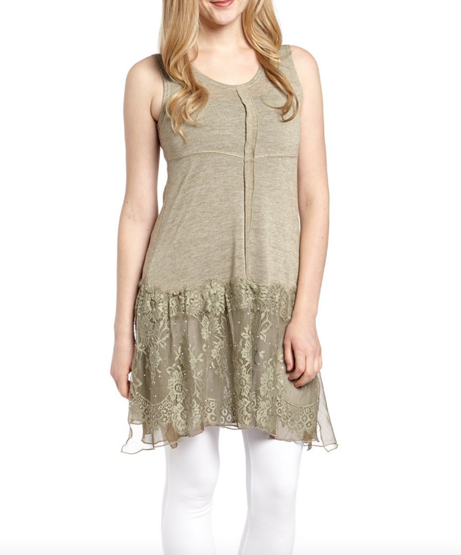Women Green Lace-Hem Linen-Blend Tunic