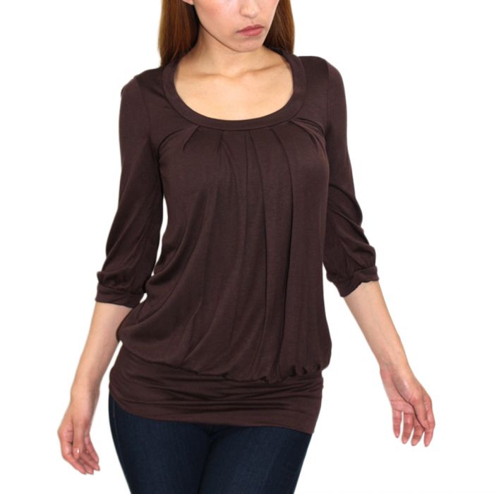 Women Brown Pleat Scoop Neck Top
