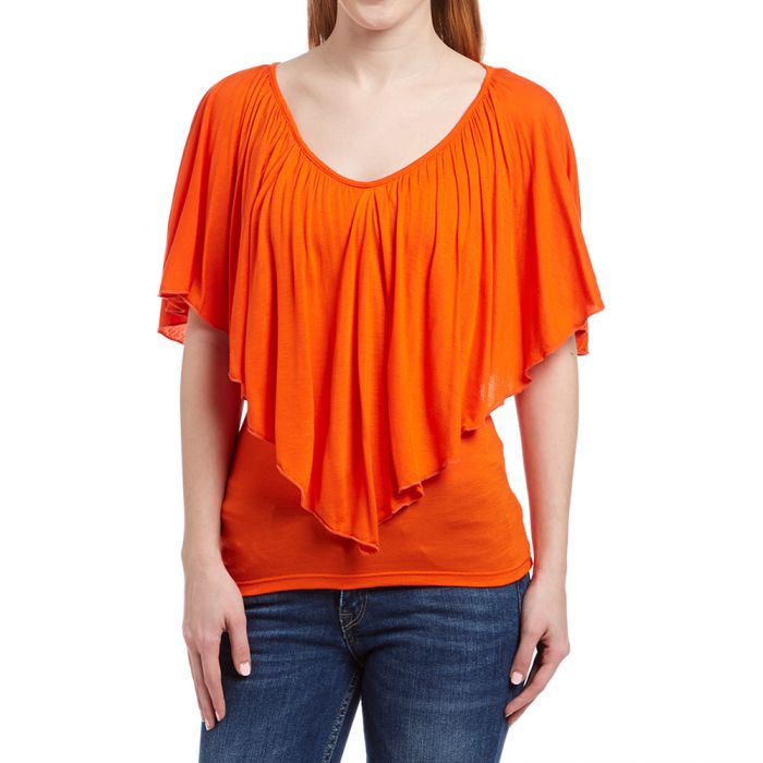 Women Orange Ruffle Scoop Neck Top
