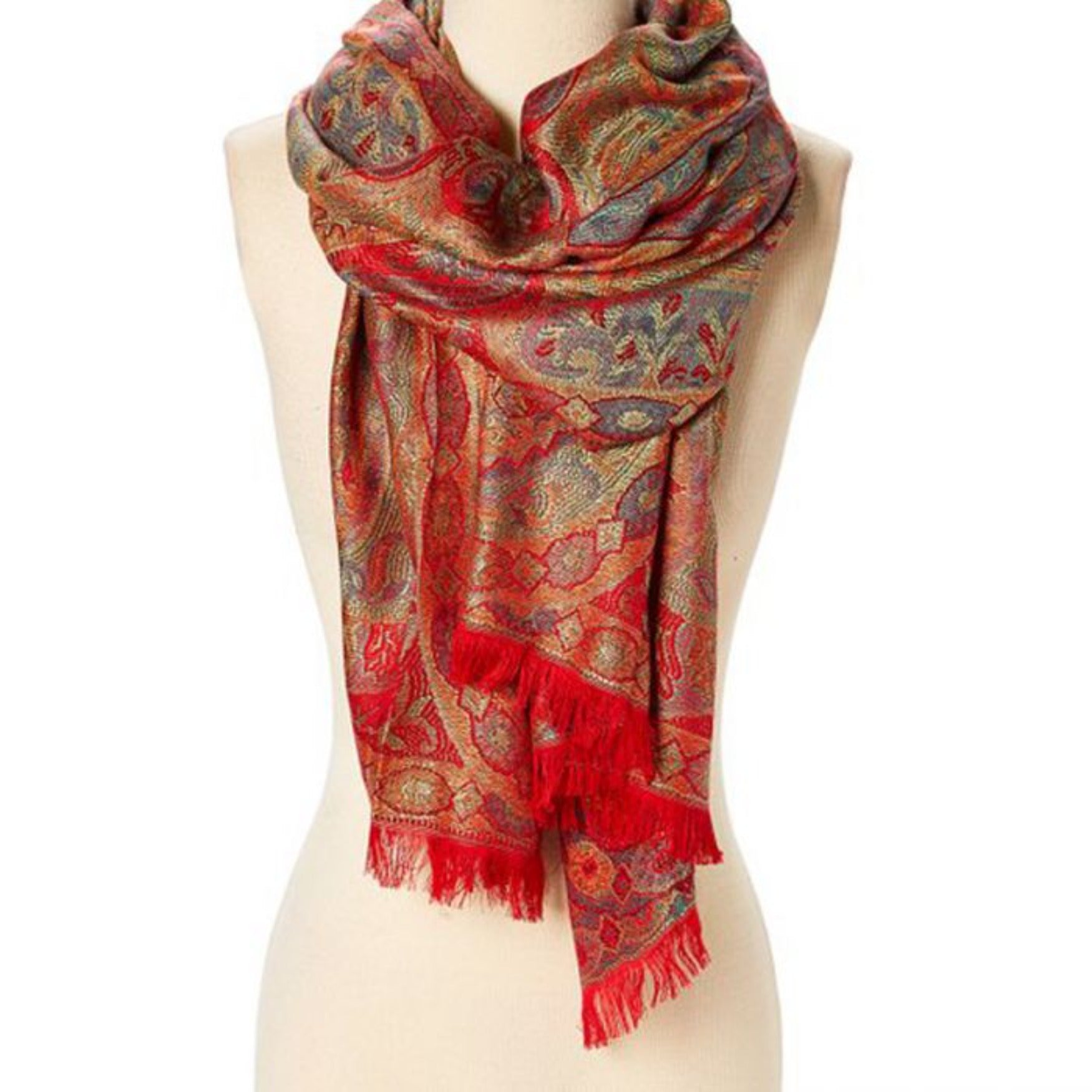 Women Red Jacquard Eyelash-Fringe Silk Scarf