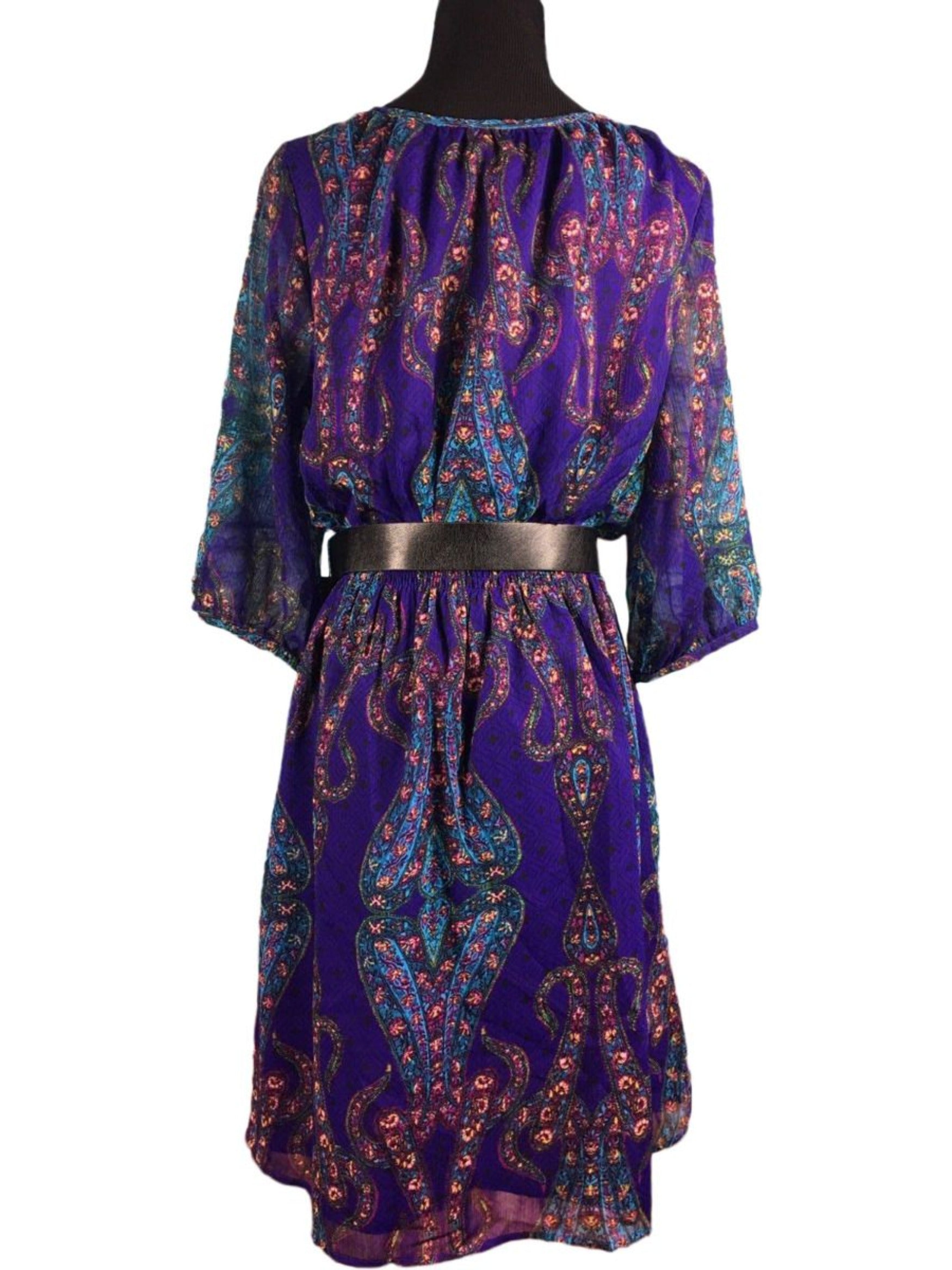 Nicole By Nicole Miller Purple Paisley Chiffon 3/4 Sleeve Keyhole Print Dress 12