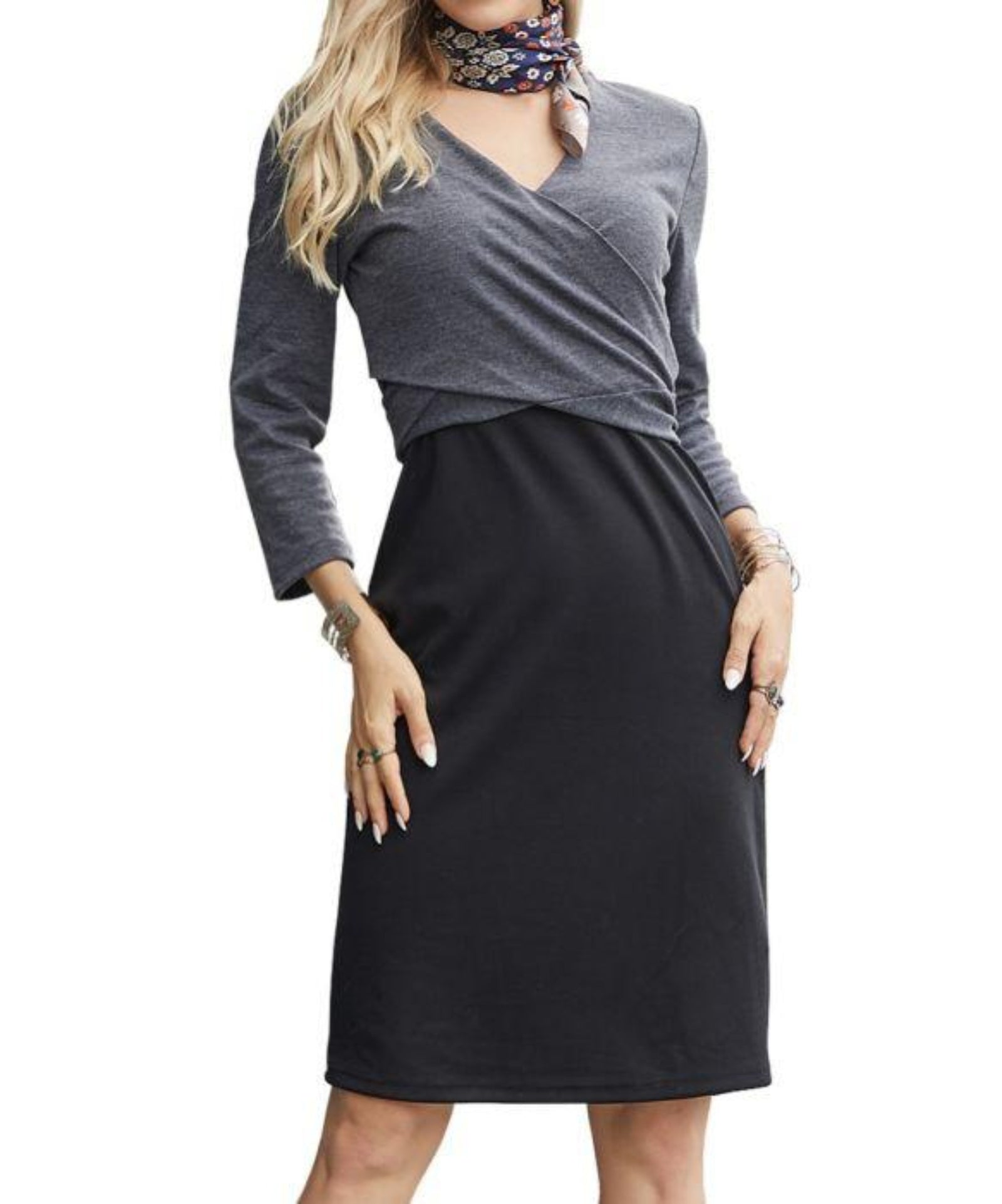 Women Charcoal & Black Wrap Dress