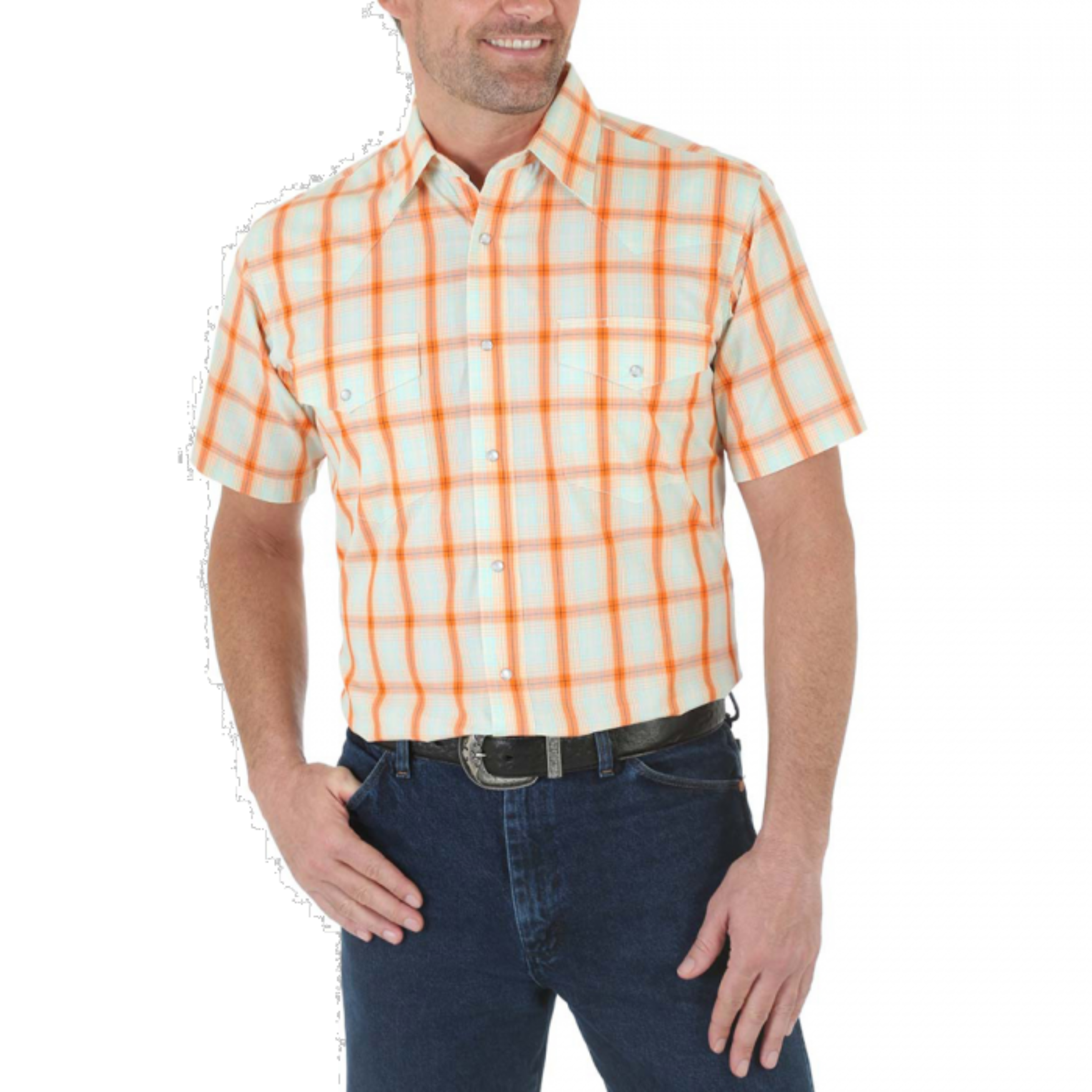 Orange Plaid Short-Sleeve Button-Up